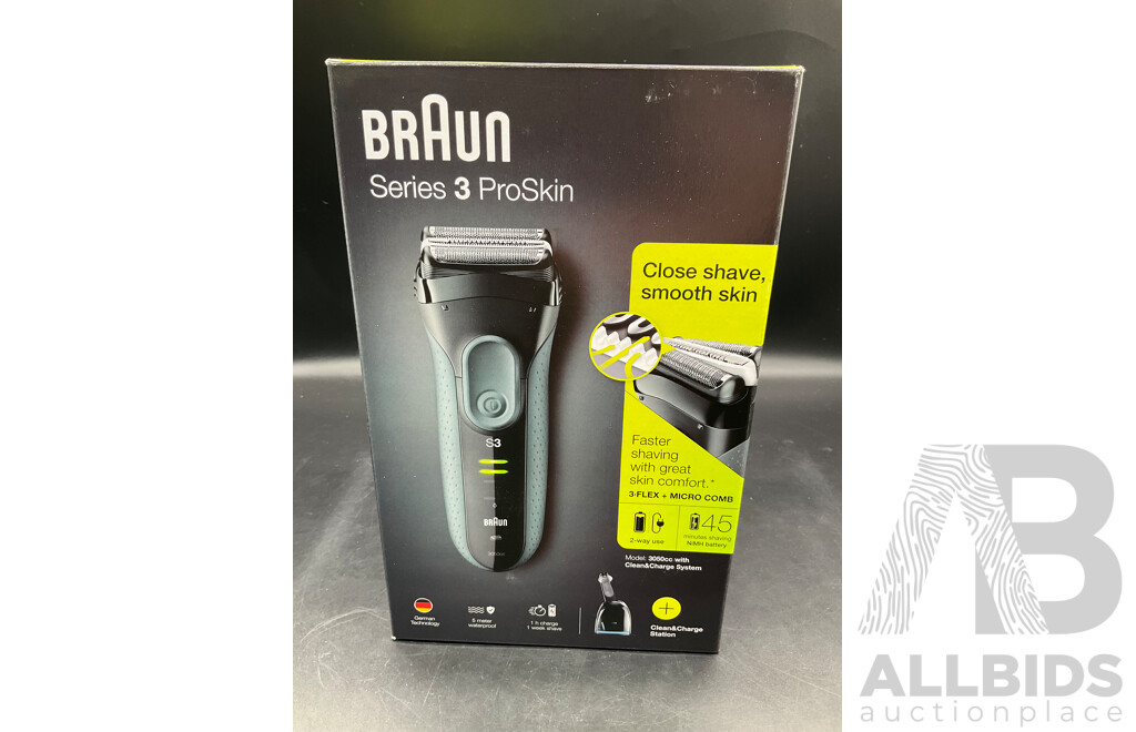 BRAUN Series 3 ProSkin Washable Electric Shaver Black with Clean&Charge Station (3050cc) - ORP $ 249.99