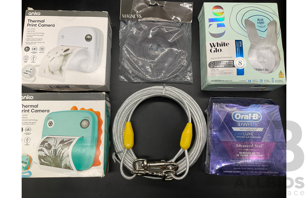 ORAL-B White Strips, WHITE GLO Teeth Whitening Kit, ANKO Thermal Print Cameras, Magnet Strip and Wire Cable - Lot of 6