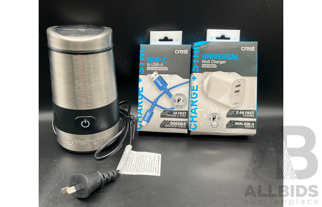 WESTINGHOUSE Multipurpose Stainless Steel Electric Coffee Grinder, CREST USB-C to USB-A Cable and Universal Wall Gcharger - Lot of 3