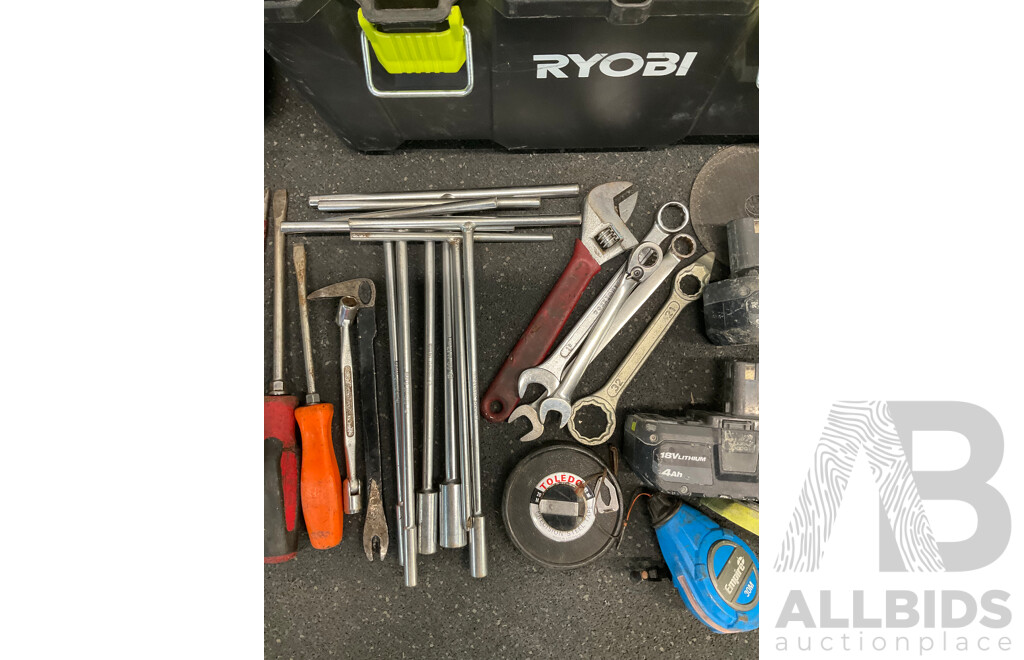 RYOBI 18V ONE+ Angle Grinder with 2 Batteries, Assorted Tools in RYOBI Box