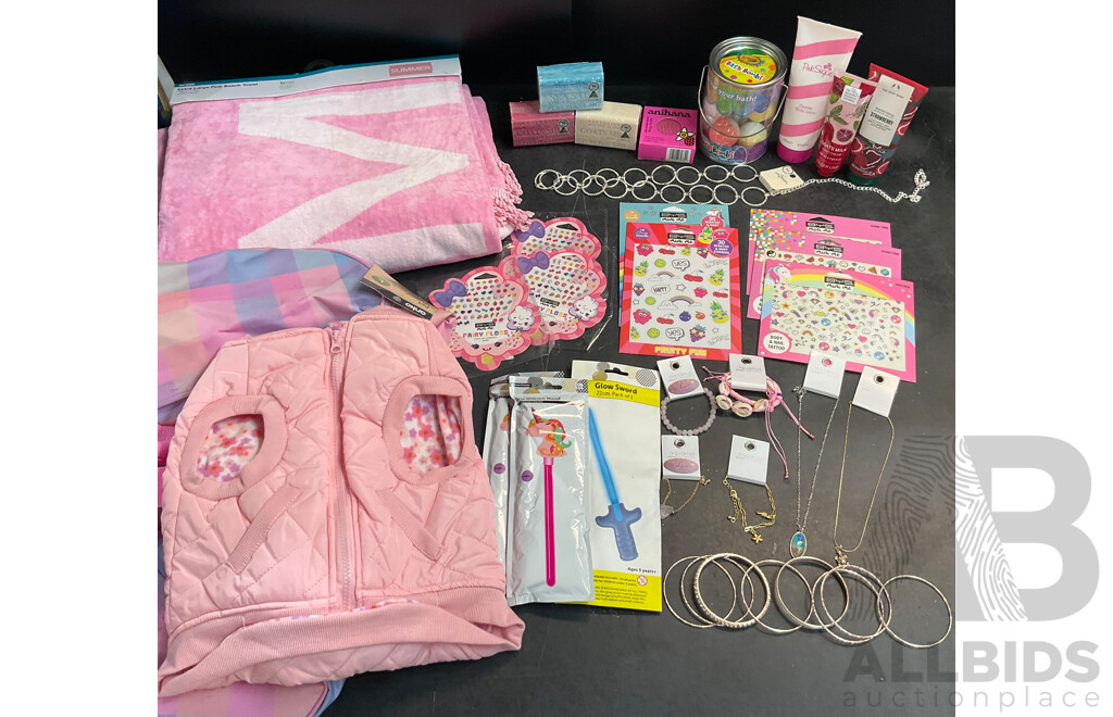 Assorted Aquarius Designs Jewellery & Kids Stickers & Toys and Assorted Bathroom Accessories & 1x Dog Jacket