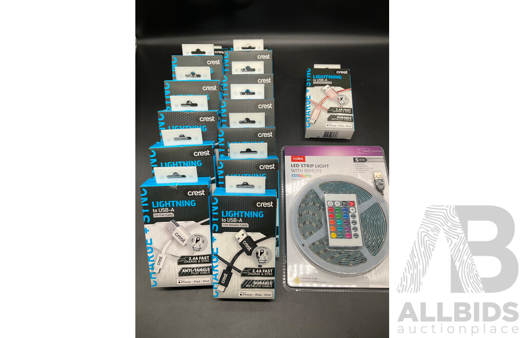 CREST Lightning to USB-A 3m Flat Cables (x14) and COLES Led Strip Light - Lot of 15