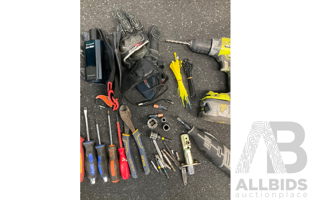 RYOBI 18V ONE+ Drill Driver with Battery, DREMEL Rotary Tool, NIKE Duffle Bag and Assorted Tools