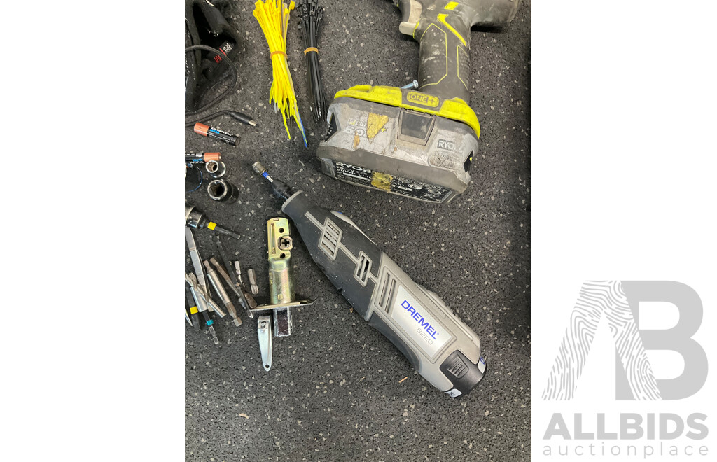 RYOBI 18V ONE+ Drill Driver with Battery, DREMEL Rotary Tool, NIKE Duffle Bag and Assorted Tools