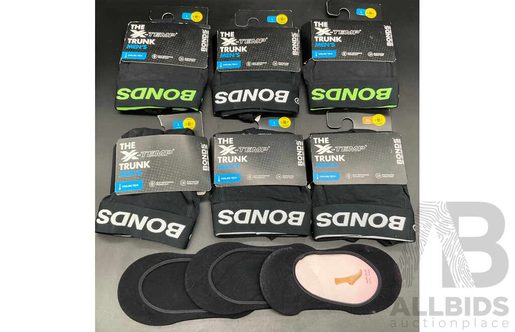 BONDS Men's Trunk Size L and XL (x6) and Black No-show Socks (x2) - Lot of 8