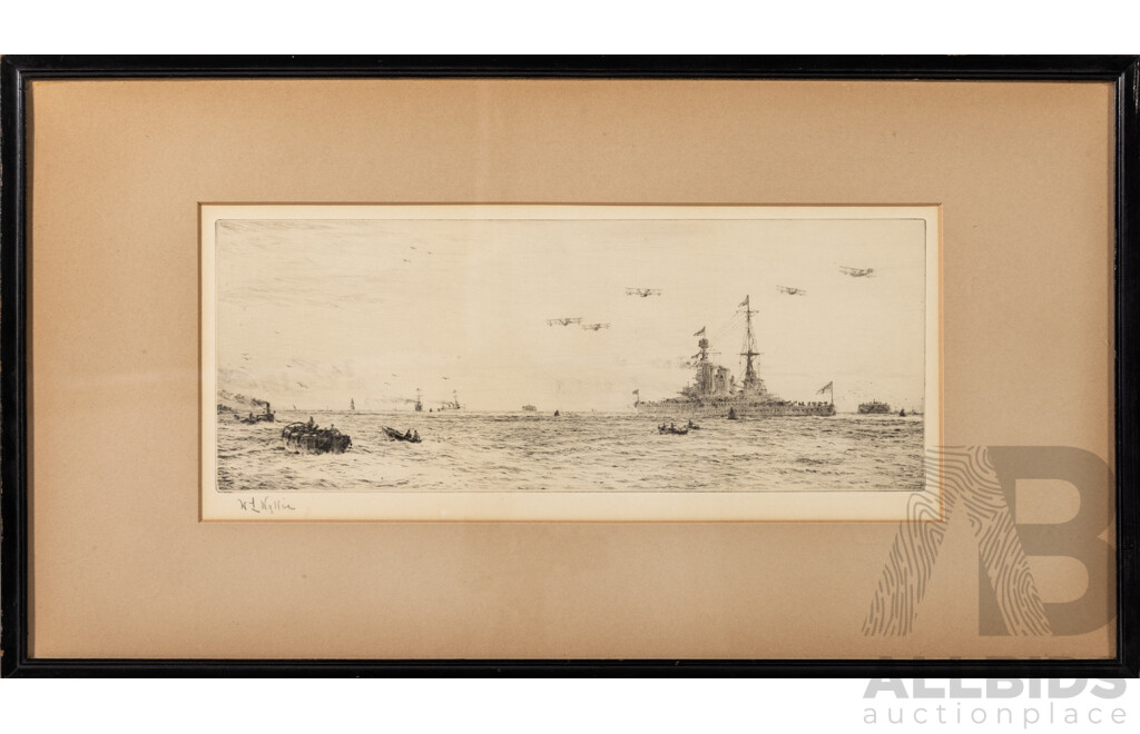 W.L.Wylie, (19th/20th Centuries, British, 1851-1931), HMS Renown, The Duke & Duchess of York Starting on Their Australian Cruise (1927), Lovely Antique New Drypoint, 29 x 52 cm (frame)