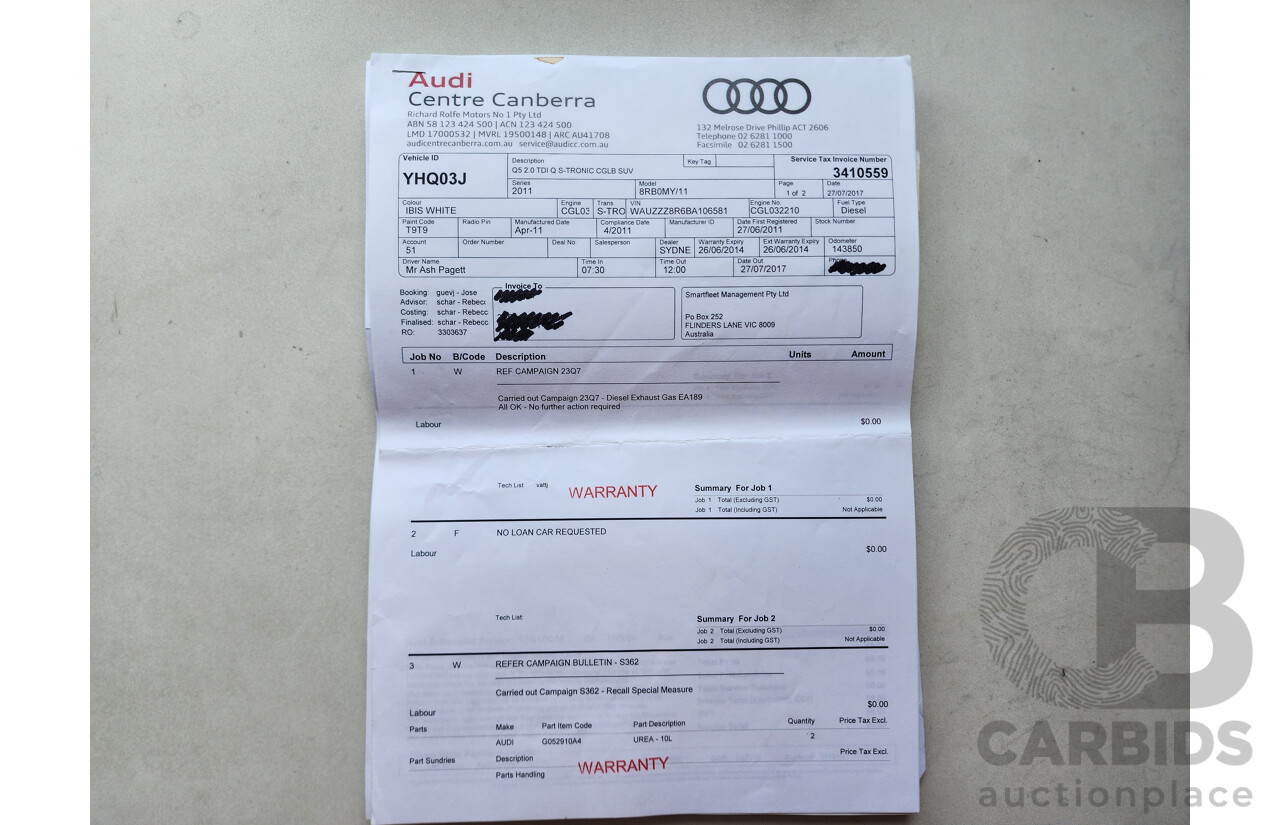 6/2011 Audi Q5 2.0 TDI Quattro 8R MY12 4d Wagon White 2.0L