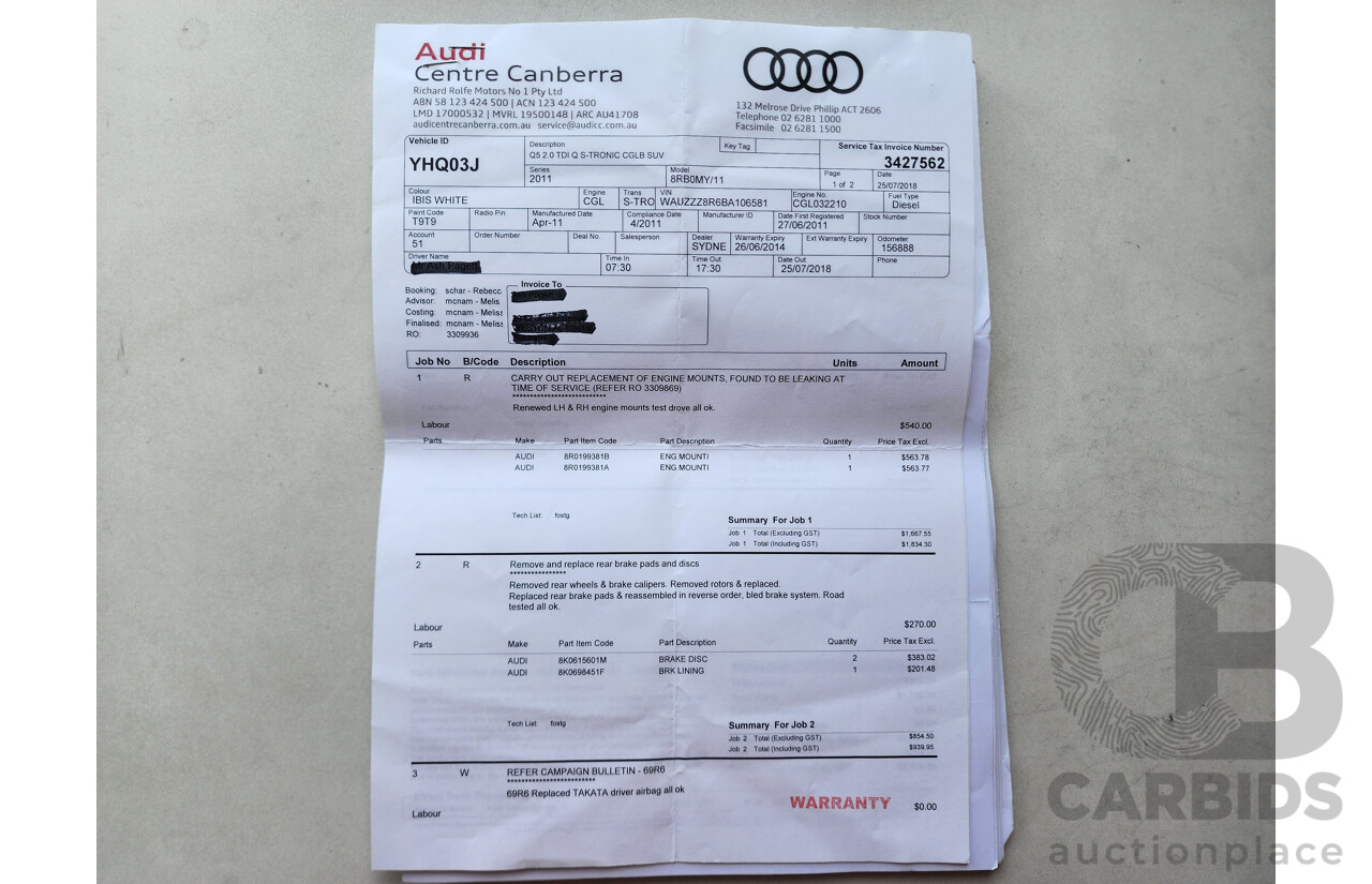 6/2011 Audi Q5 2.0 TDI Quattro 8R MY12 4d Wagon White 2.0L