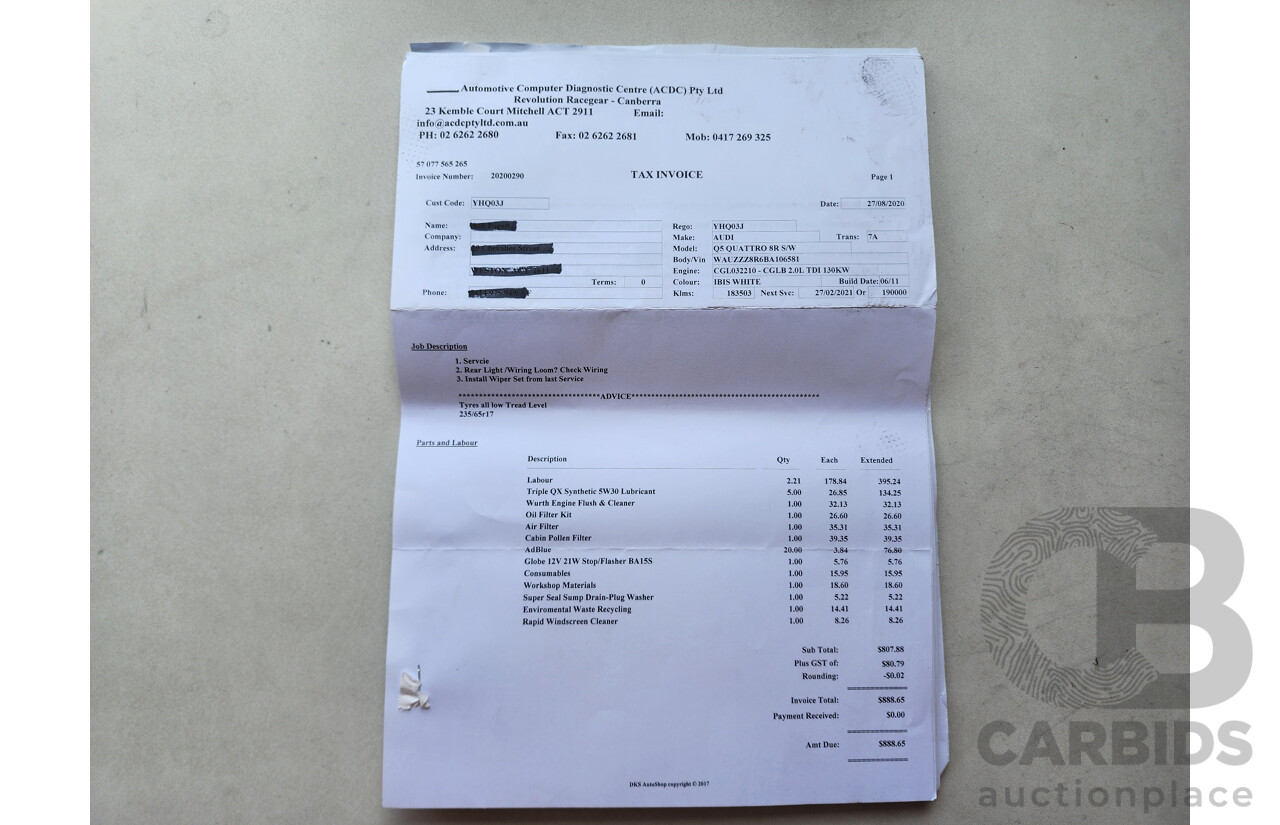 6/2011 Audi Q5 2.0 TDI Quattro 8R MY12 4d Wagon White 2.0L