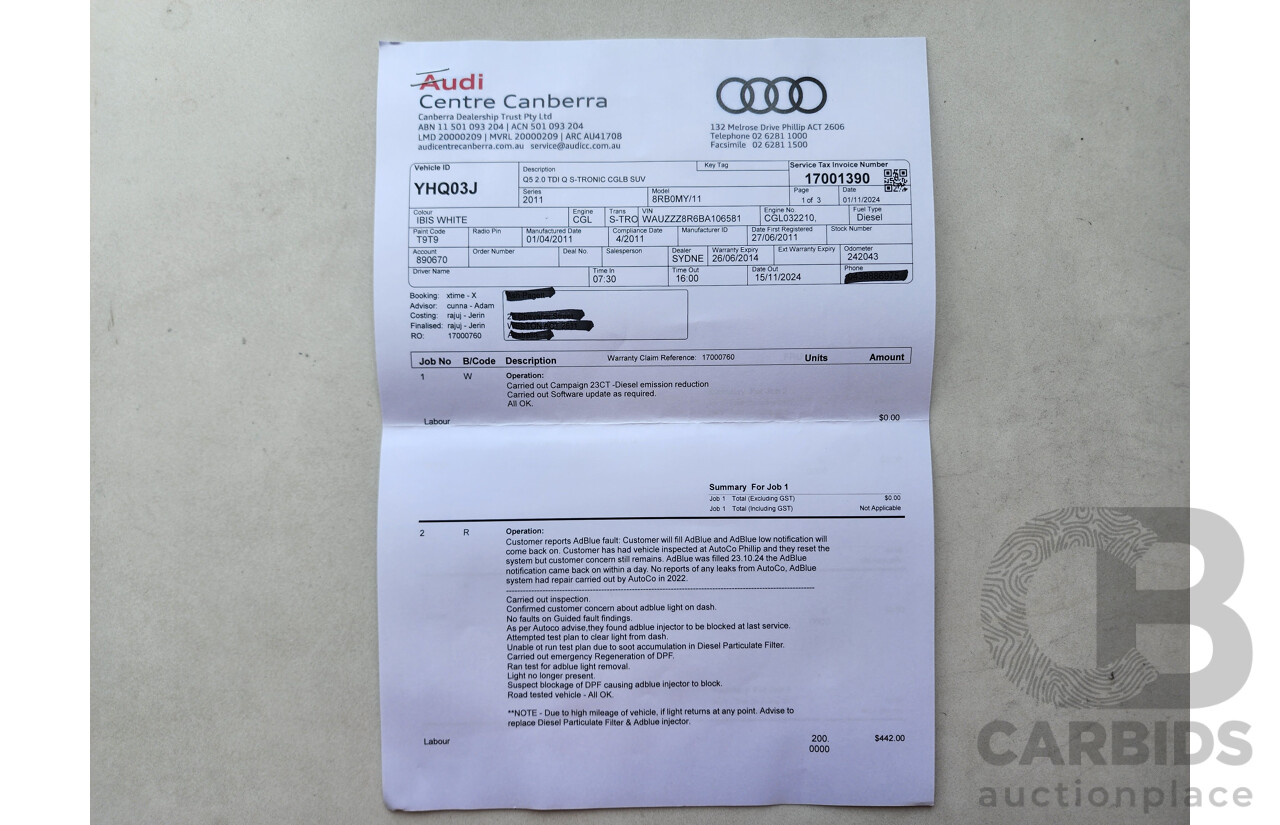 6/2011 Audi Q5 2.0 TDI Quattro 8R MY12 4d Wagon White 2.0L