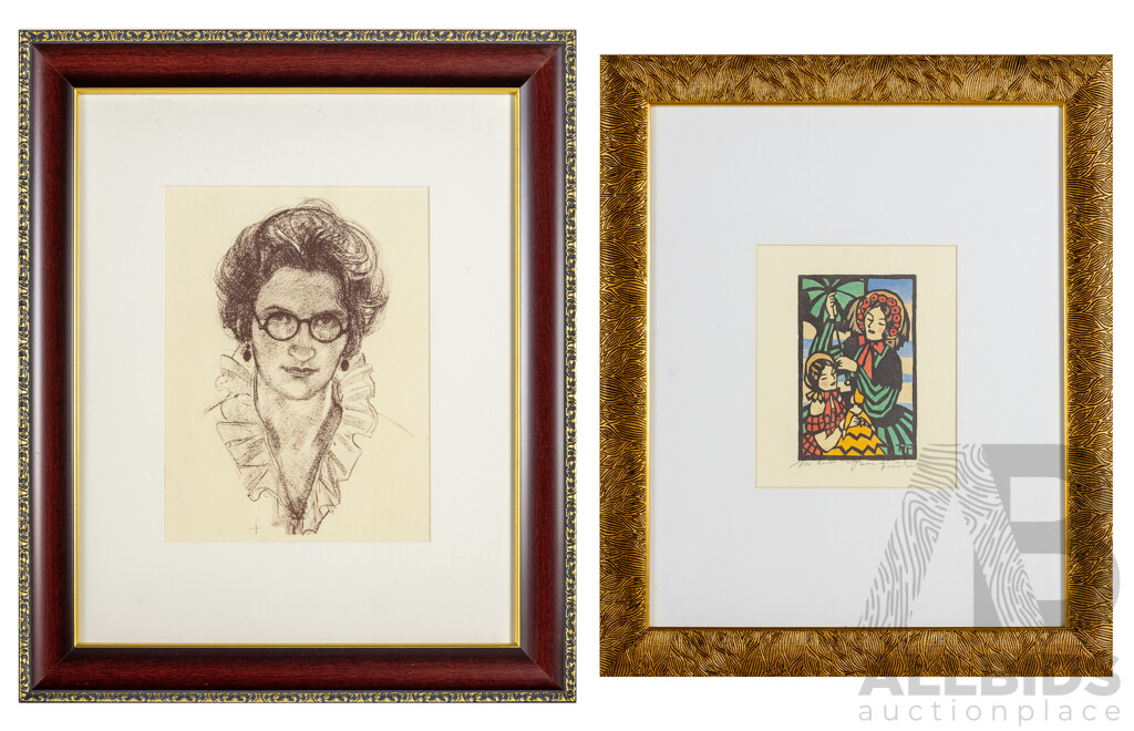 Thea Proctor, (20th Century, Australian, 1879-1966), La Poupee [The Doll],  & Self Portrait, Woodcut Print and Print After Original Lithograph, 60 x 50 cm (frames) (2)