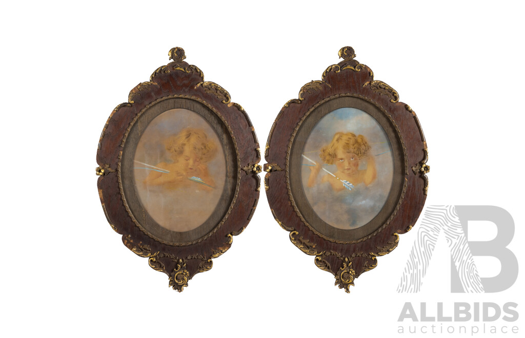 Artist Unknown (Early 20th Century), Cupid Awake & Cupid Asleep, Original Antique Oil & Watercolour, 83H x 56W cm (frames) (2)