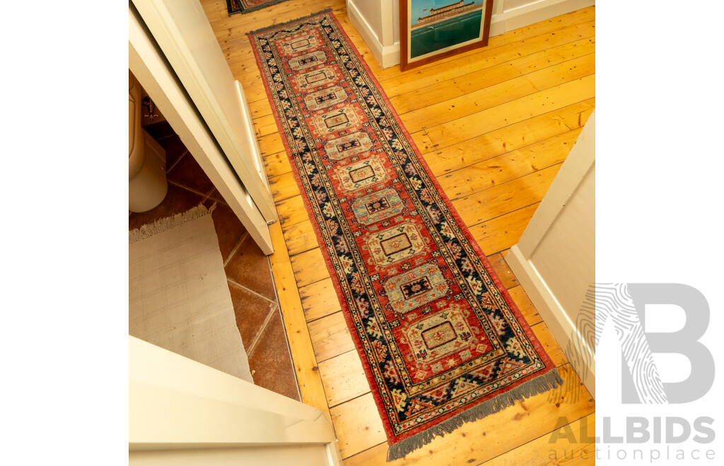 Vintage Kazak Hall Runner in Red and Blue Tones
