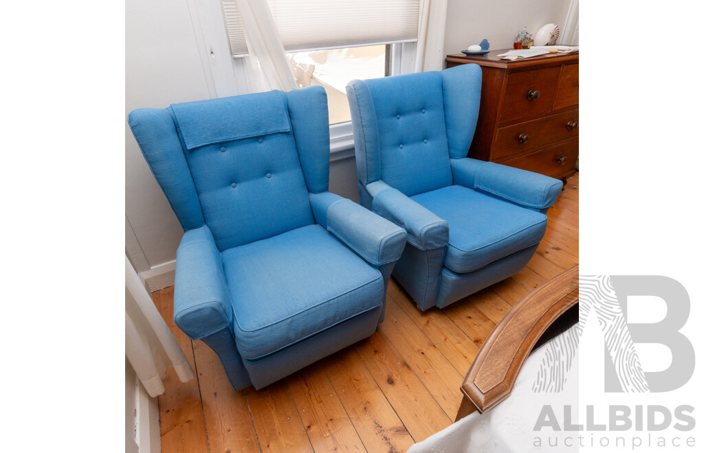 Pair of Modern Wing Back Armchairs with Blue Linen Upholstery
