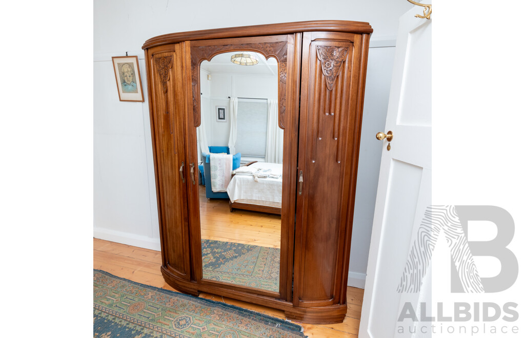 Art Deco Oak Three Door Bow Front Wardrobe with Central Mirror