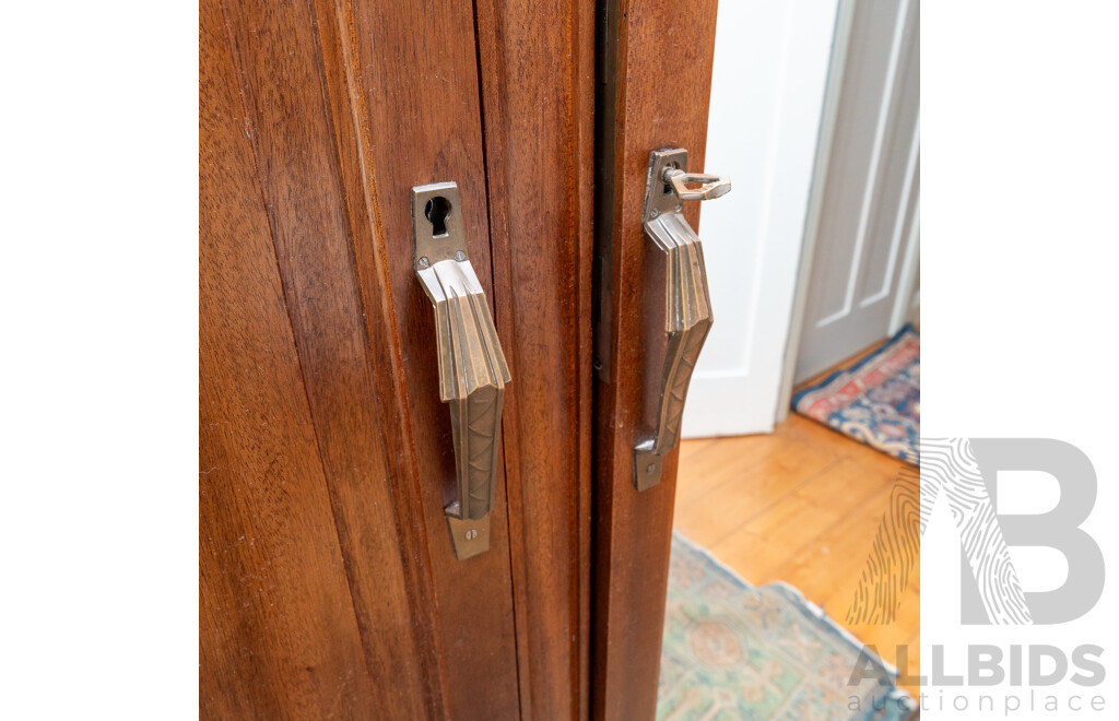Art Deco Oak Three Door Bow Front Wardrobe with Central Mirror