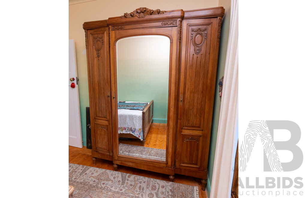 Good French Art Deco Three Panel Wardrobe with Central Mirror