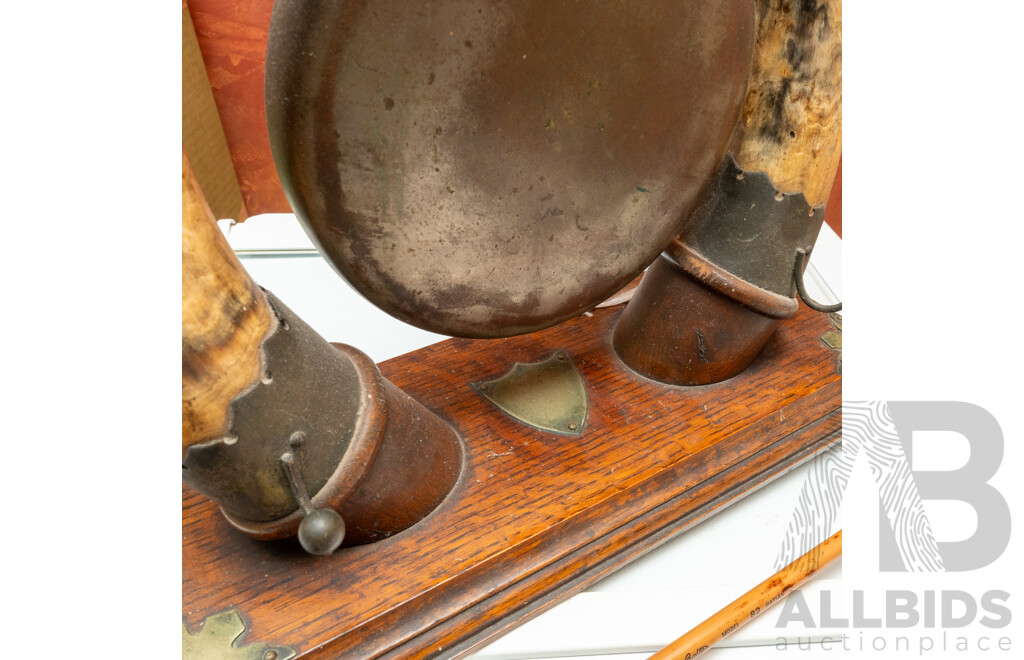 Vintage Mounted Metal Gong on Two Horns