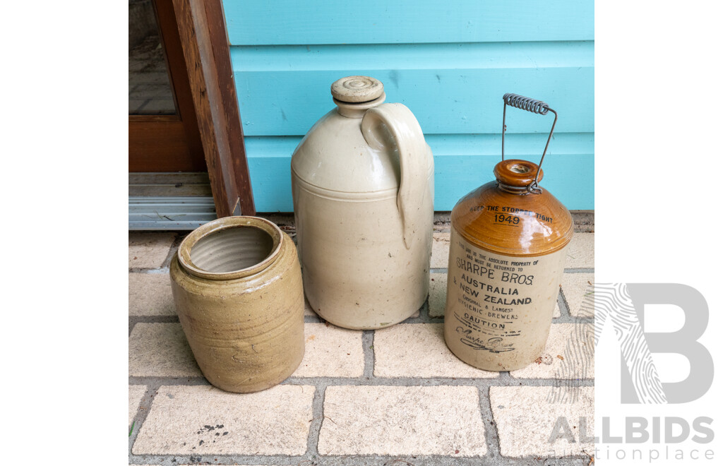 Pair of Vintage Lidded Glazed Demijons with Salt Glaze Vessle