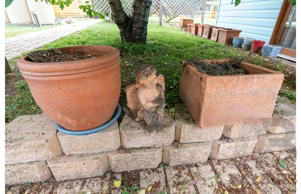 Pair of Large Terracotta Planters and Garden Putti Statue