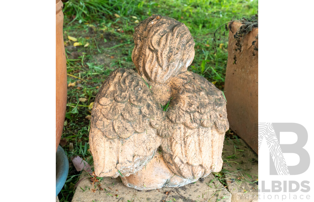 Pair of Large Terracotta Planters and Garden Putti Statue