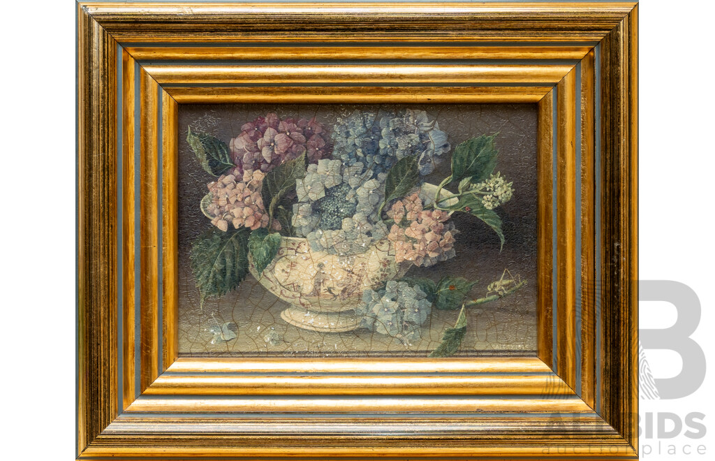 Salley (20th Century, British, Working c1990s), Still Life - Hydrangeas, Wonderful Original Oleograph, 22 x 26 cm (frame)
