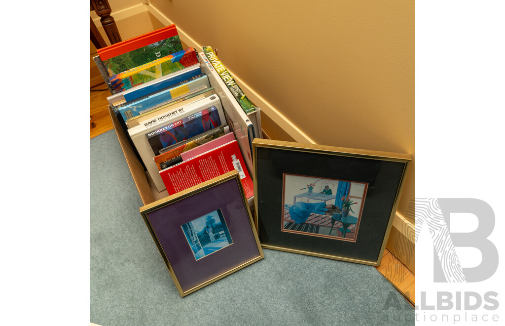 David Hockney, (20th Century, British, 1937-), Stellar Lot of David Hockney Books, DVDs and Pair of Hockney Framed Prints, 33 x 33 cm (largest frame)