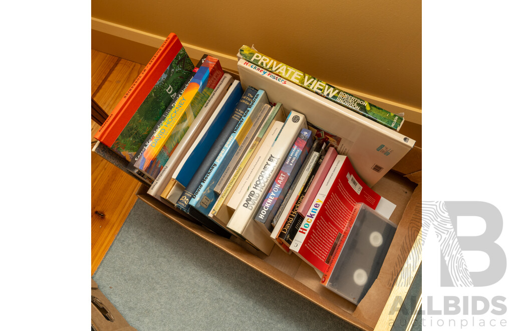 David Hockney, (20th Century, British, 1937-), Stellar Lot of David Hockney Books, DVDs and Pair of Hockney Framed Prints, 33 x 33 cm (largest frame)