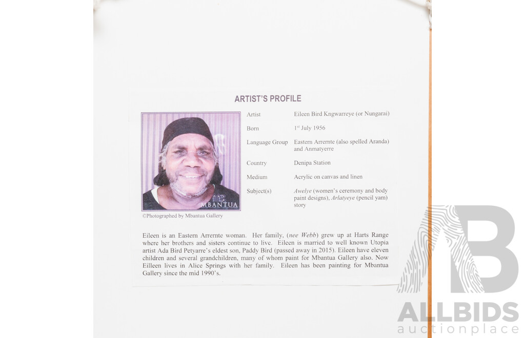 Eileen Bird Kngwarreye (or Nungarai), (20th Century, Indigenous-Australian, 1956-), Awelye [Women's Ceremony and Body Paint Designs] & Arlatyeye [Pencil Yam] Story, Acrylic on Canvas & Linen, 40 x 27 cm (frame)