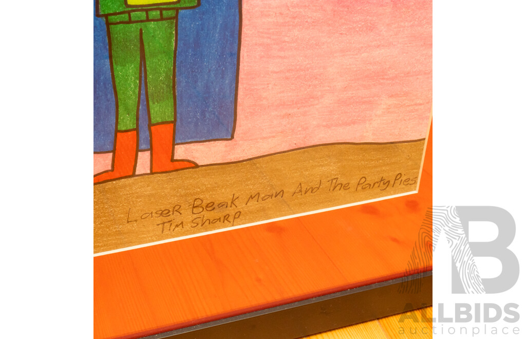 Tim Sharp, (20th Century, Australian, 1988-), Laser Beak Man & the Party Pies, Wonderful Original Coloured Pencil & Pen, 103 x 79 cm (frame)