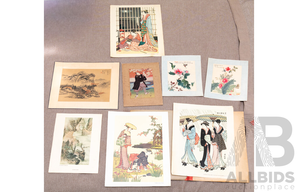 Varied Artists Unknown (Asian School), Collection of Eight Varied Asian Works Including Japanese Vintage Colour Prints & Ink and Wash on Silk Panels, 45 x 34 cm (largest) (8)