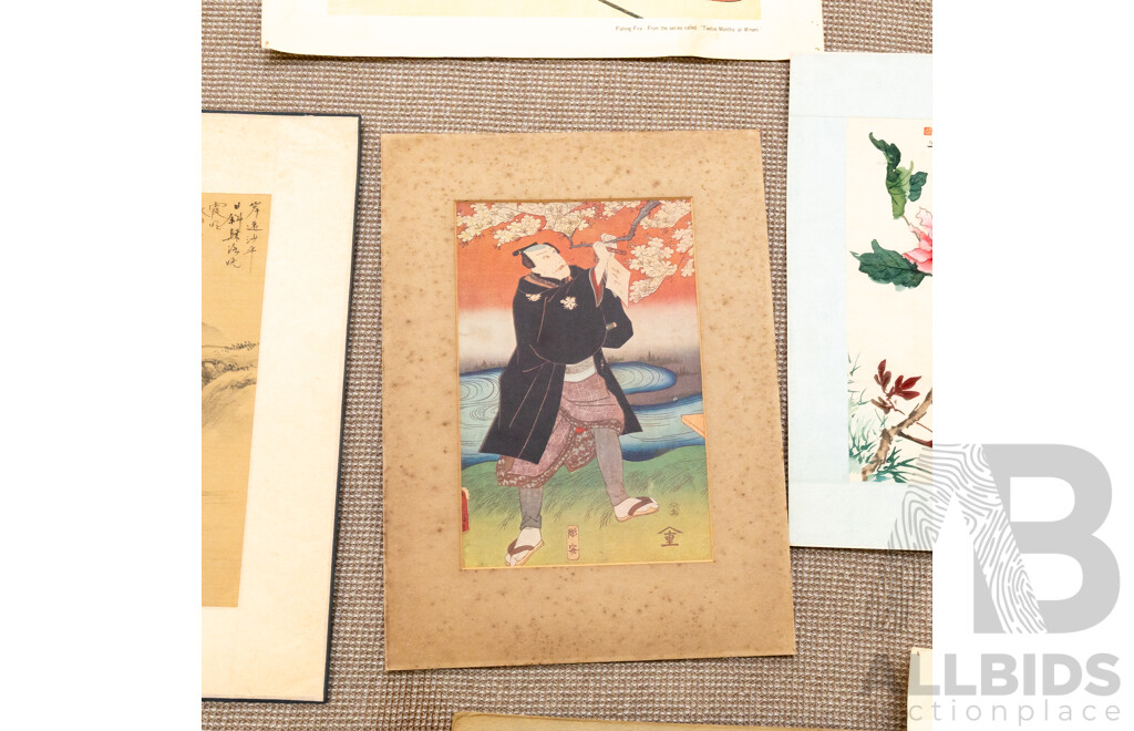 Varied Artists Unknown (Asian School), Collection of Eight Varied Asian Works Including Japanese Vintage Colour Prints & Ink and Wash on Silk Panels, 45 x 34 cm (largest) (8)