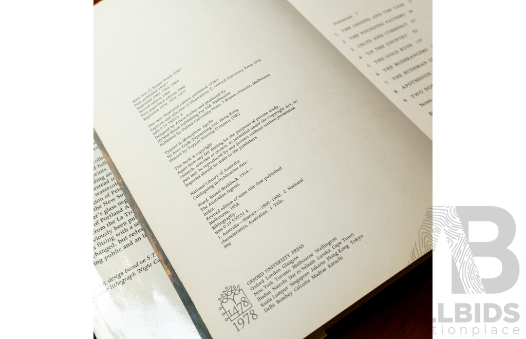 Russel Ward AM, (20th Century, Australian, 1914-1995), Hard Copy with Dust COver, The Australian Legend, Oxford University Press, 1978 Edition, Signed & Inscribed by Author