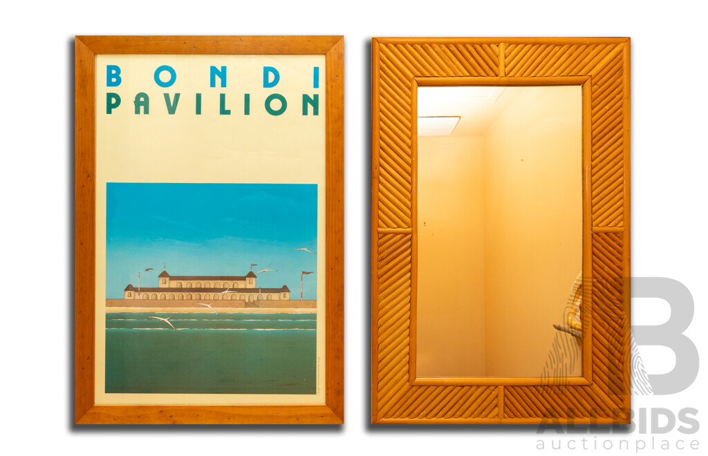 James Willebrant (20th Century, Australian), Bondi Pavillion (1980), Fantastic Original Colour Poster, 84 x 58 cm (frame) & Contemporary Cane Mirror, 91 x 61 cm (2)