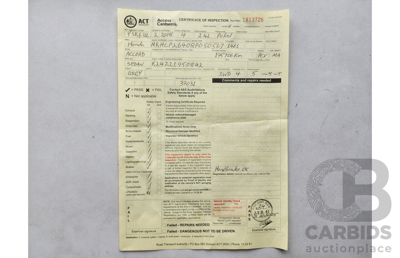 2/2008 Honda Accord VTi Luxury 50 4d Sedan Grey 2.4L