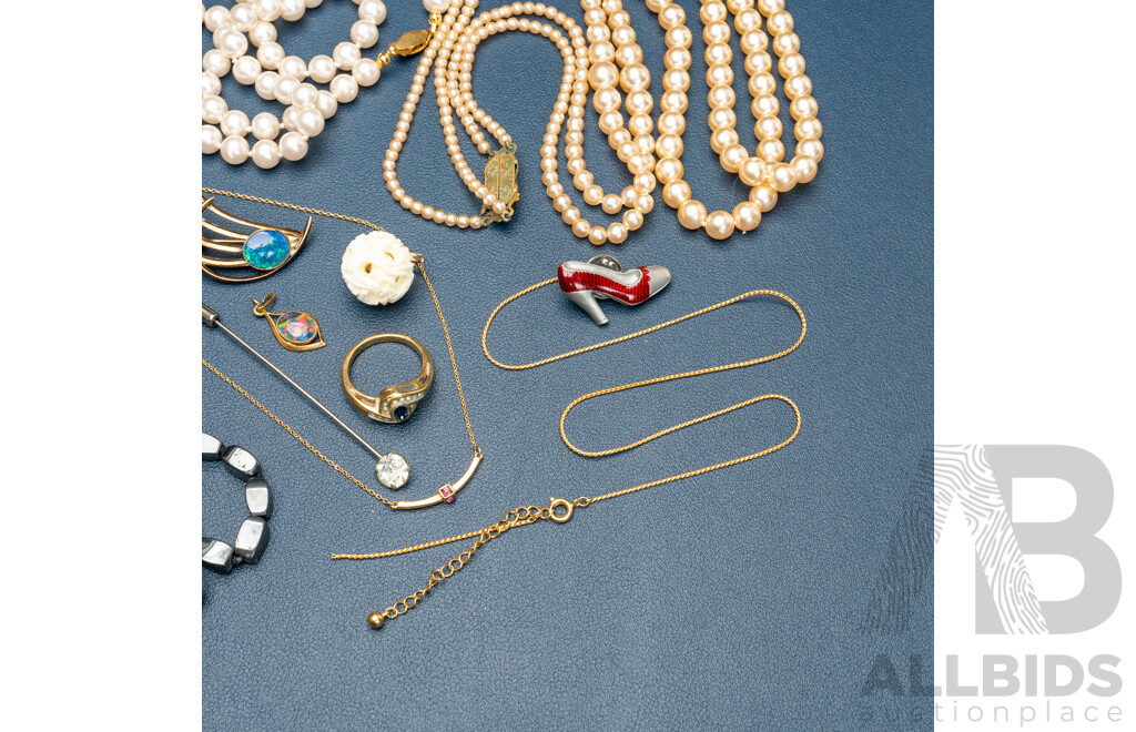 Collection of Vintage Jewellery Items Including Carved Ivory Pendant, Opal Triplets, Turquoise Amber Lapis Beaded Necklace