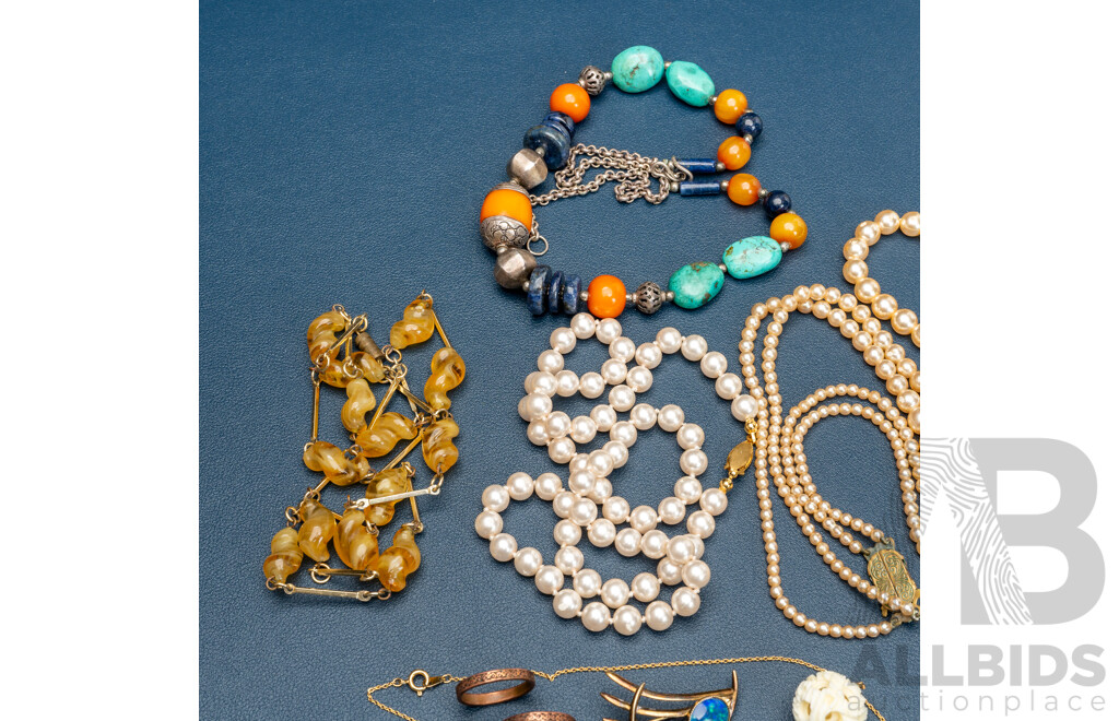 Collection of Vintage Jewellery Items Including Carved Ivory Pendant, Opal Triplets, Turquoise Amber Lapis Beaded Necklace