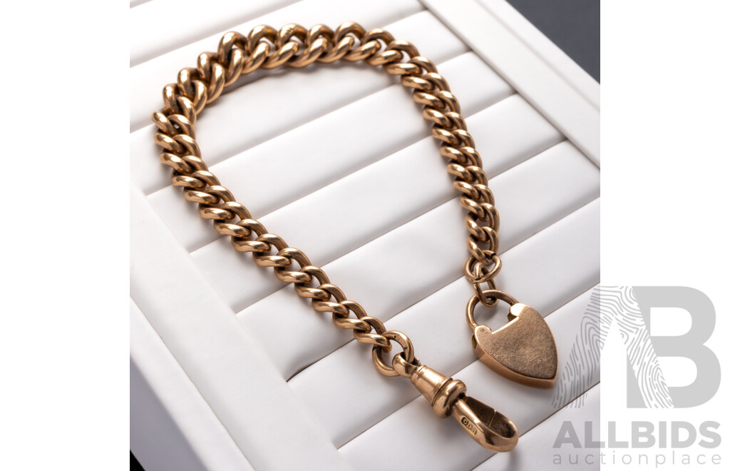 9ct Antique Rose Gold Graduating Curb Link Fob Chain Necklace with Albert Clasp & Heart Padlock Clasp, 19.5cm, 29.47 Grams