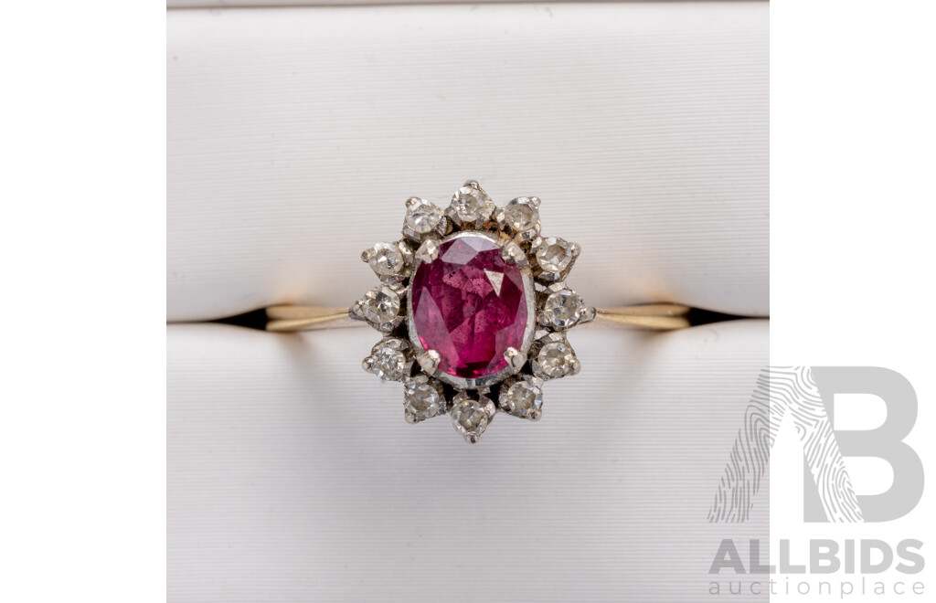 18ct Ruby & Diamond Halo Ring, S0.67ct/D0.ct, Size N, 2.58 Grams