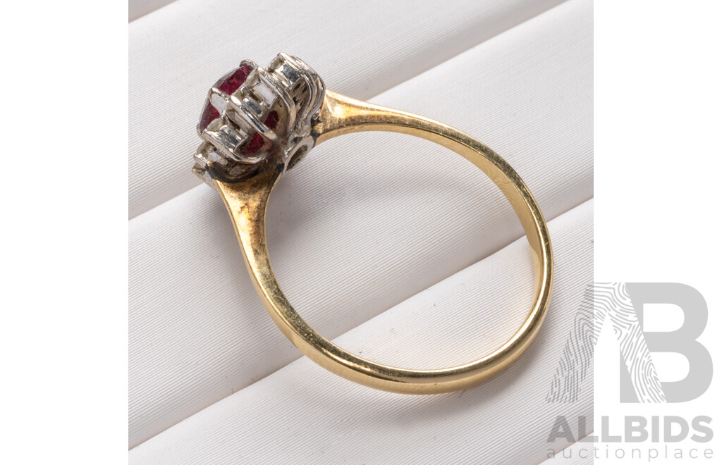 18ct Ruby & Diamond Halo Ring, S0.67ct/D0.ct, Size N, 2.58 Grams