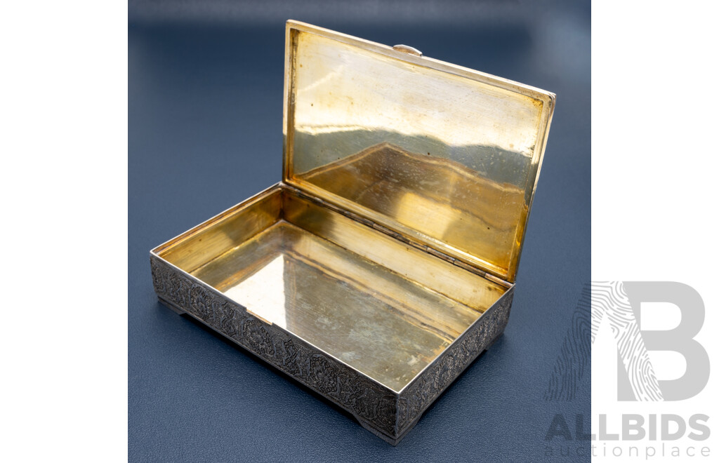Persian Sterling Silver Etched Patterned Hinged Trinket Box with Bird Motifs, 318.0 Grams