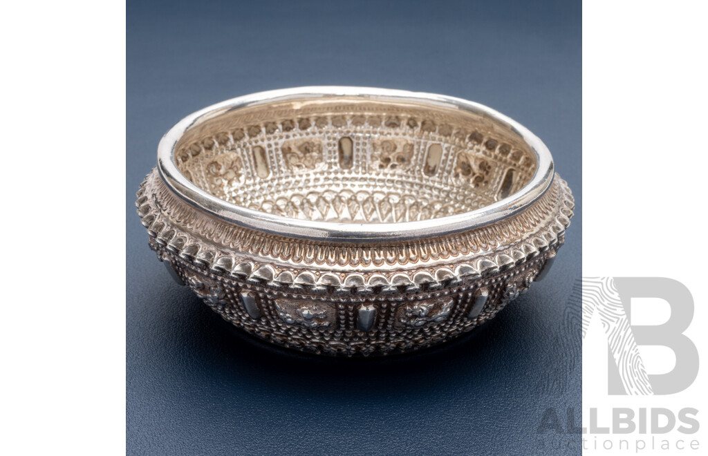 Traditional Handcrafted Laos Small Sterling Silver Repousse Trinket/offering Bowl, 120mm Diameter, 96.0 Grams