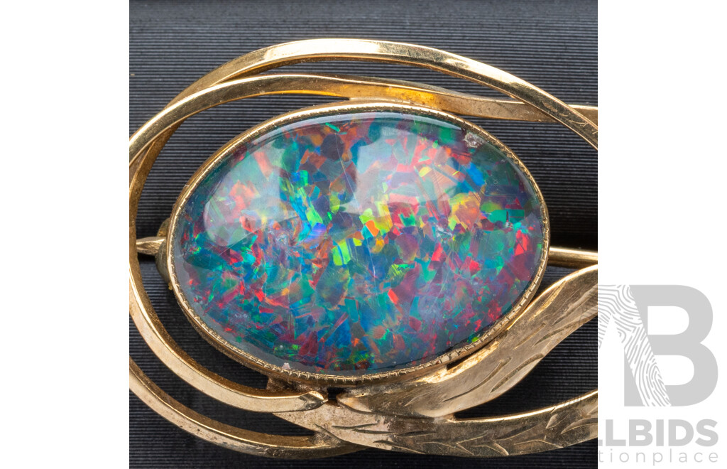 9ct Vintage Opal Doublet Brooch, 40mm, 5.36 Grams