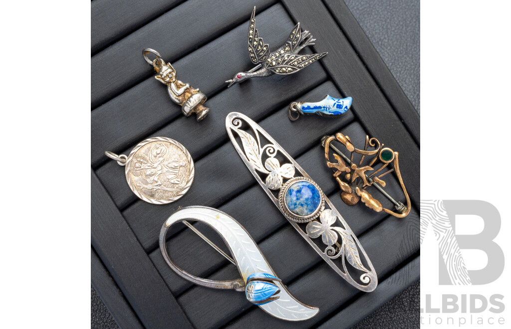 Collection of (4) Vintage Brooches & (3) Vintage Charms in Sterling, 24.50 Grams