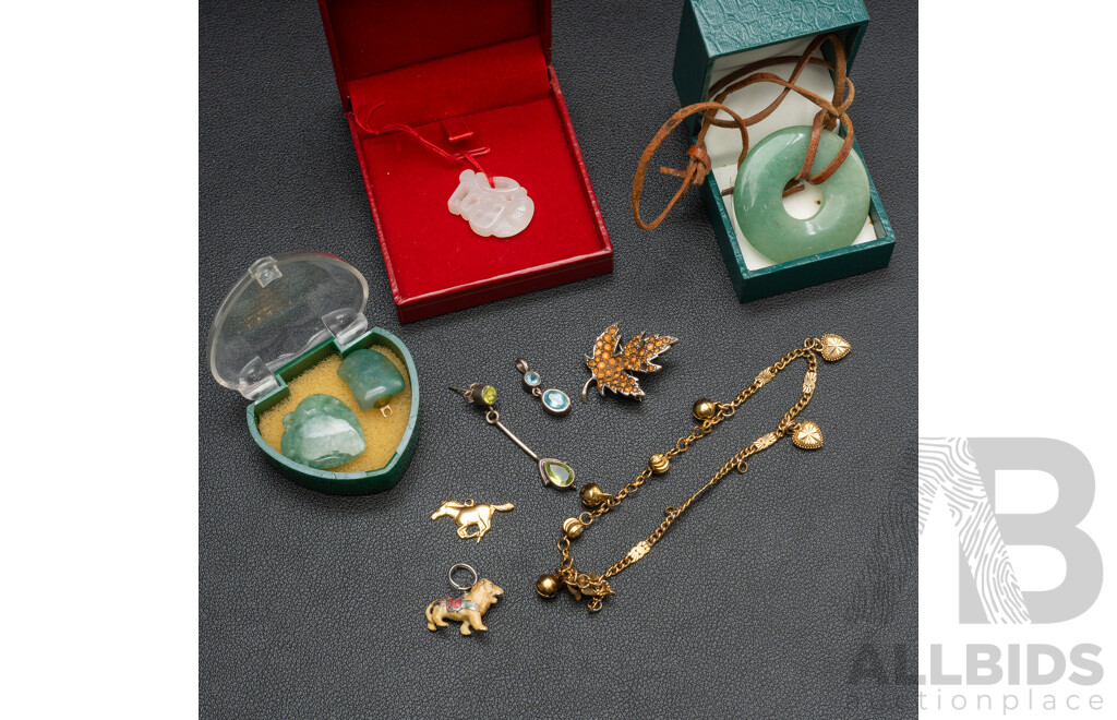 Collection of Jewellery Including Carved Jade Pieces, Topaz Pendant & Enamel Lion Charm