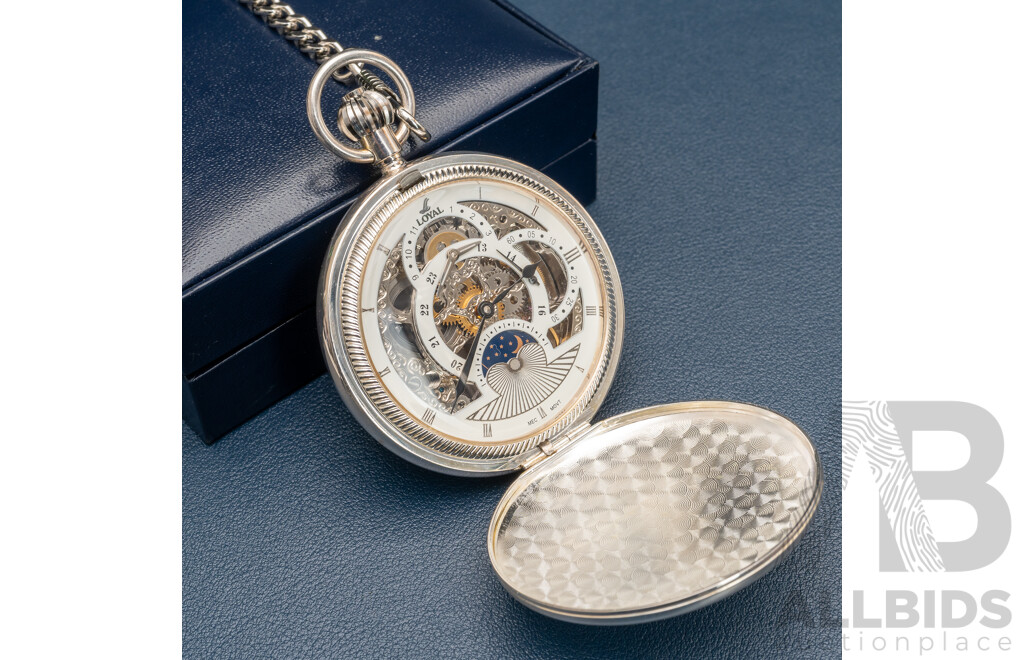 Loyal Stainelss Steel Skeleton Pocket Watch, 53mm, with Box, Has Personal Inscriptions to Casing