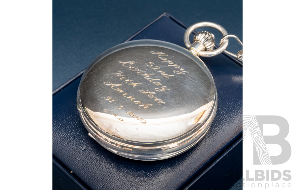 Loyal Stainelss Steel Skeleton Pocket Watch, 53mm, with Box, Has Personal Inscriptions to Casing