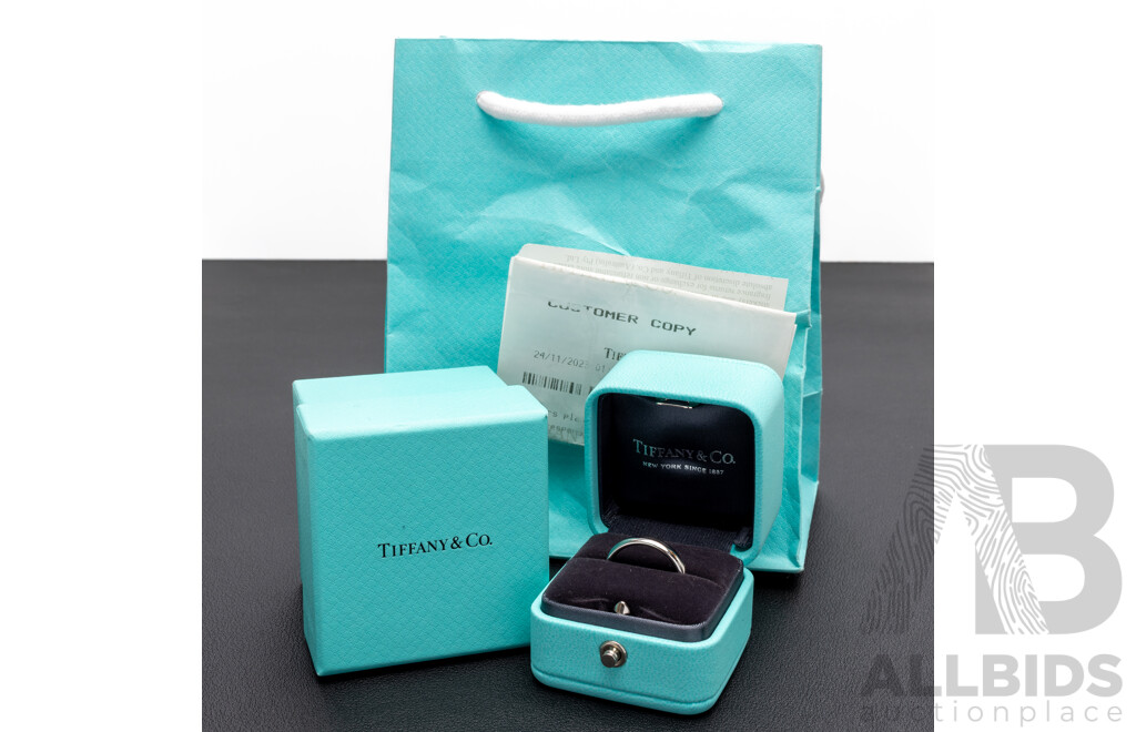 Authentic Tiffany & Co. 4mm Platinum Wedding Ring, Size P1/2, 8.22 Grams - NEW with Box, Bag & Receipt