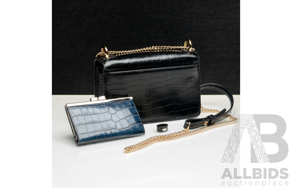 Oroton Forte Embossed Black Leather Clutch Bag with Removable Crossbody Strap & Oroton Navy Embossed Leather Coin Purse