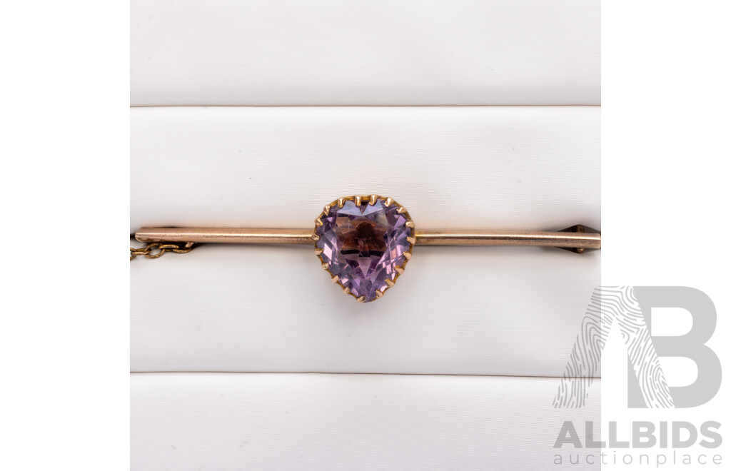 9ct Vintage Amethyst Bar Brooch with Safety Chain, 48mm, 3.50 Grams